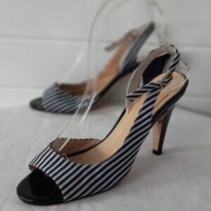 Kate Spade Slingback Heels Sz 6.5 B Black White Pinstripe Made in Italy